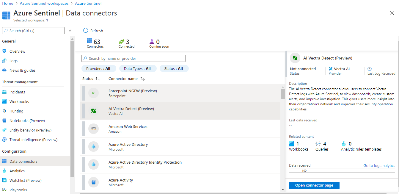 A screenshot list of Azure Sentinel data connectors currently available.