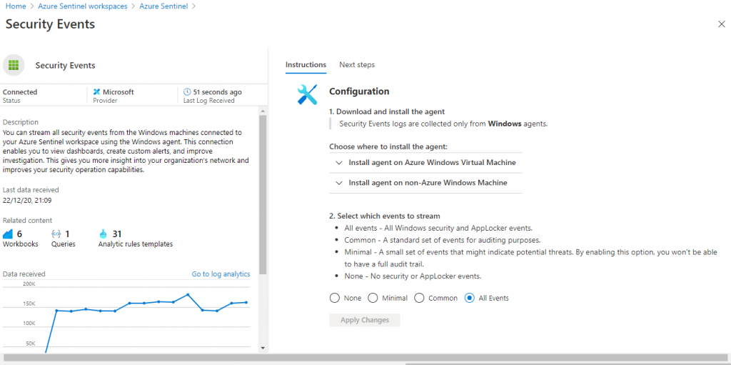 Azure Sentinel Security Event data connector settings
